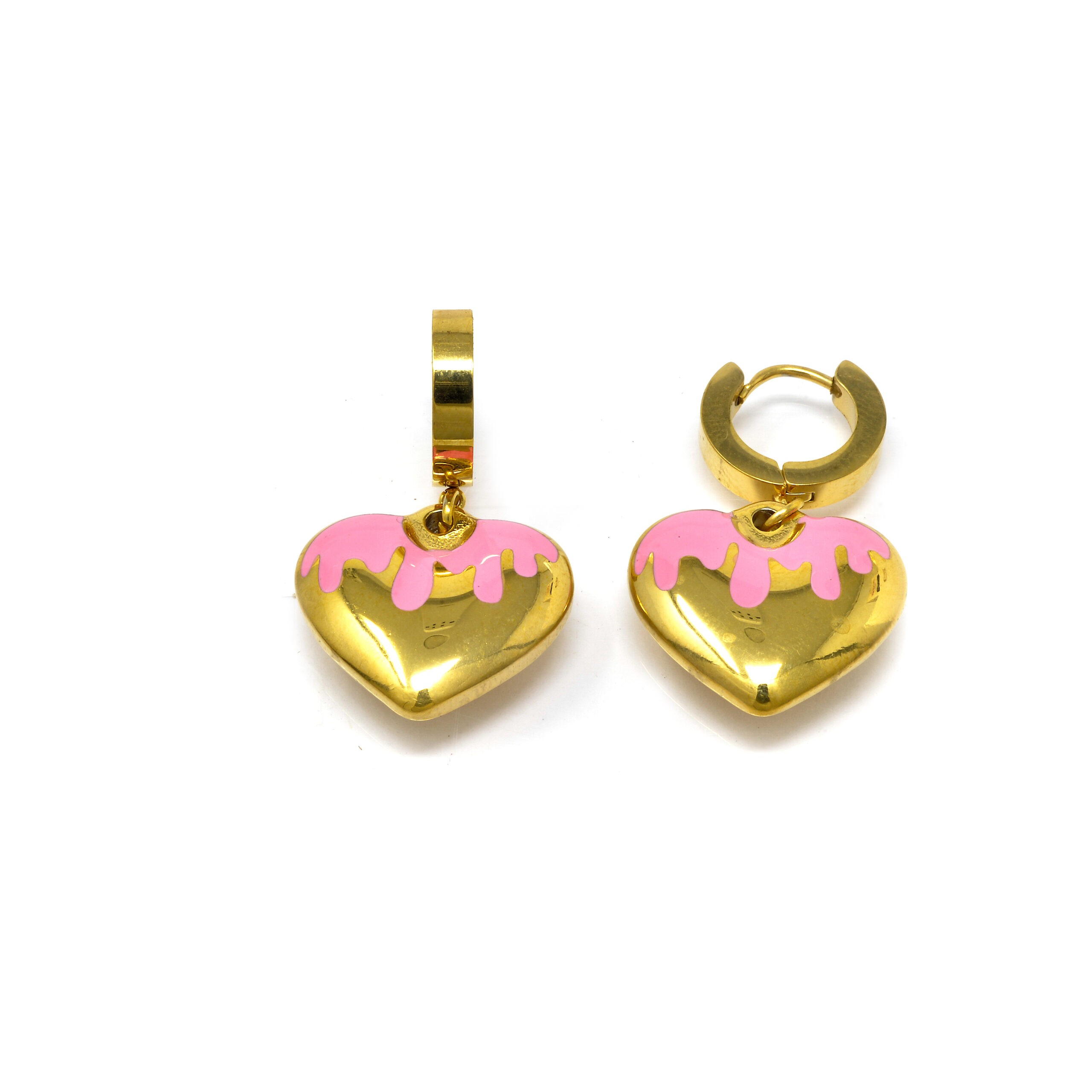 Boucles d’oreilles cœur coulant rose Acier doré – Image 2