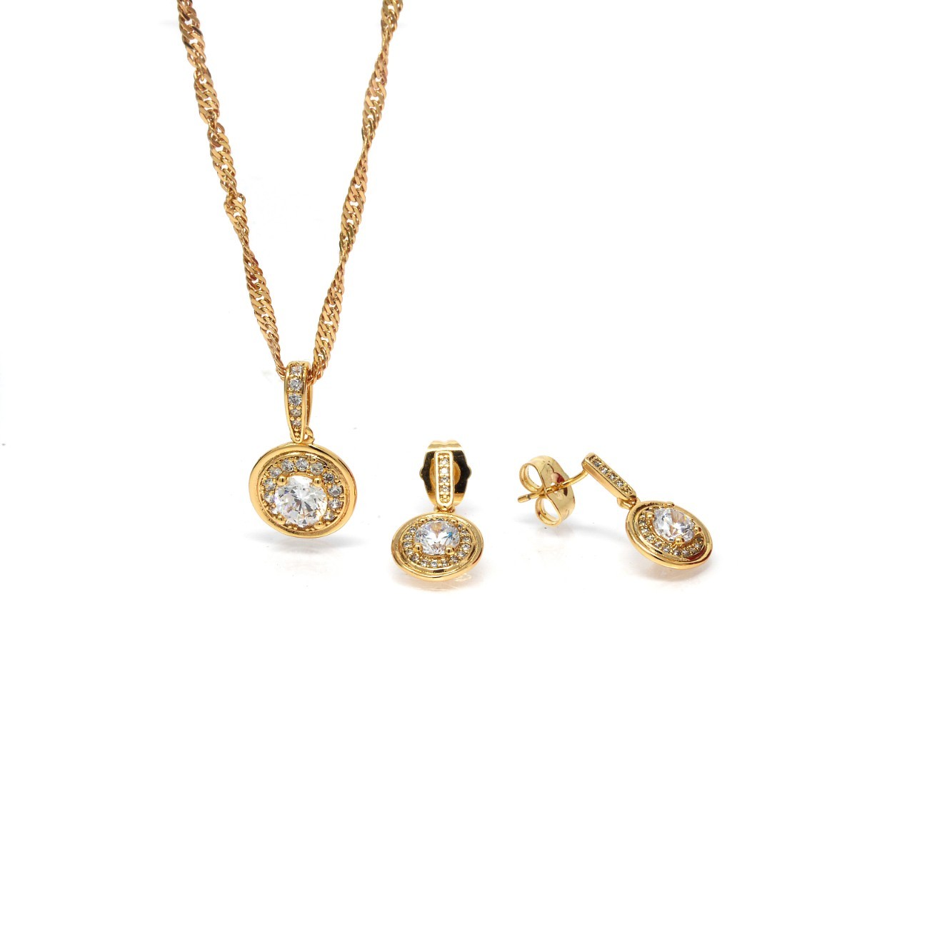 Parure collier et boucles d’oreilles motif rond zircon Plaqué or – Image 4