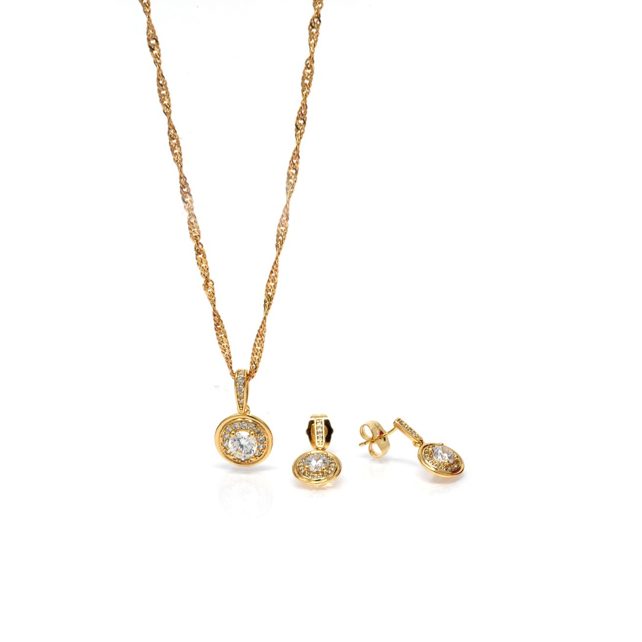 Parure collier et boucles d’oreilles motif rond zircon Plaqué or – Image 3