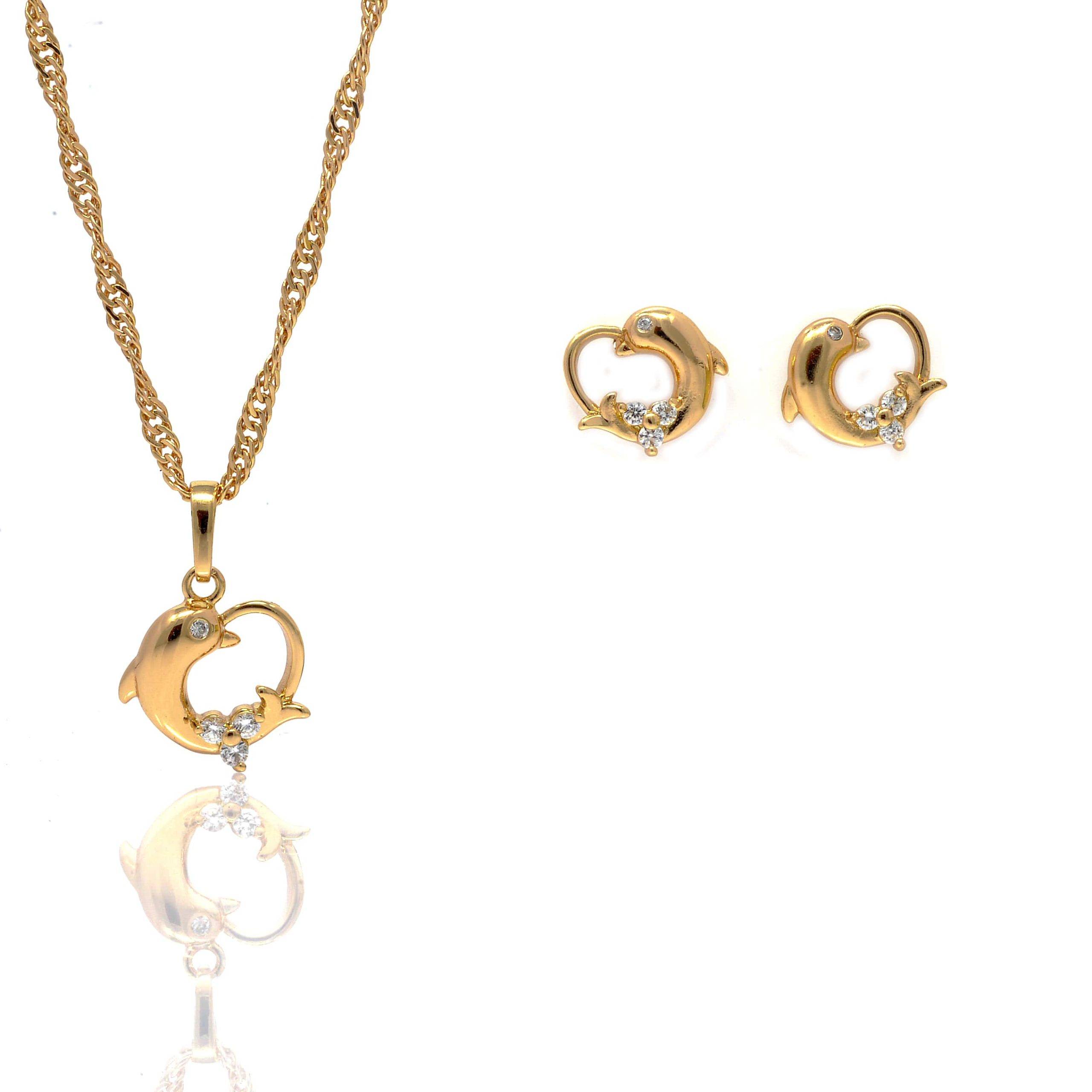 Parure plaqué or collier pendentif boucles d’oreilles cœur dauphin oxyde – Image 2